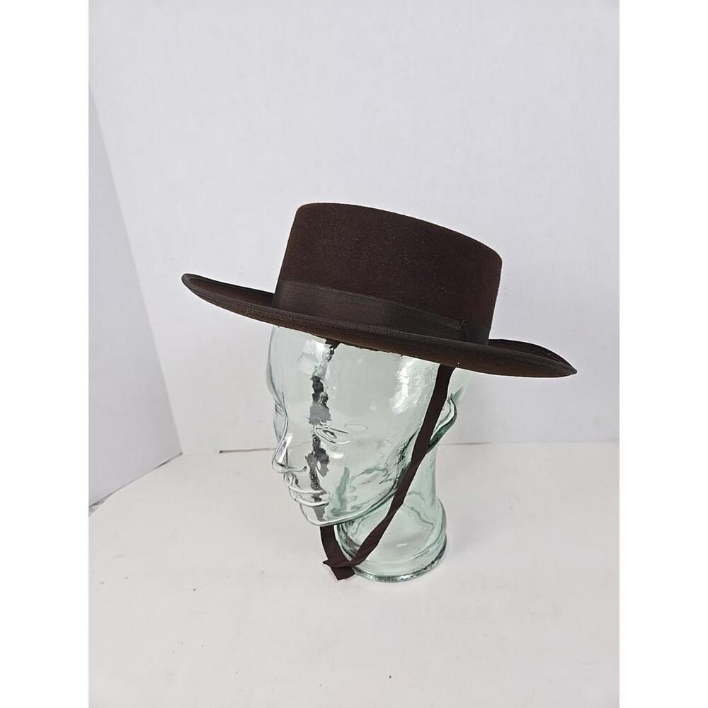 Vtg Casa Yustas Madrid - Brown Flat Top Hat - Sz 56 (Approx 7)